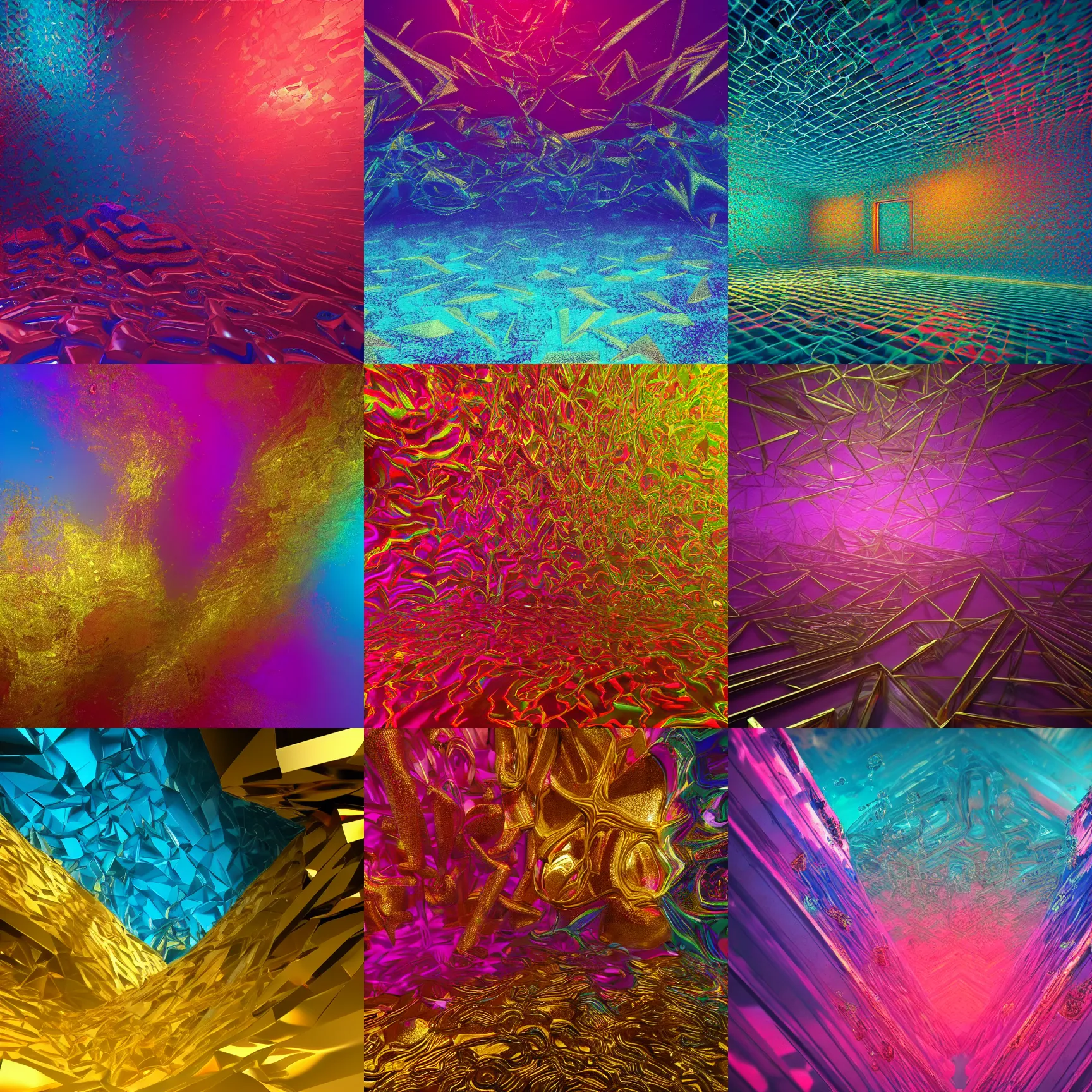 Prompt: vivid conceptual dream of resonating bliss, vaporwave, intense bliss textures, vaporwave wallpaper environment, intense bliss vibe, nobody here, intense bliss shapes, intense bliss structures, gold, ruby, glass, water, HDR, octane render, 8k, 4k