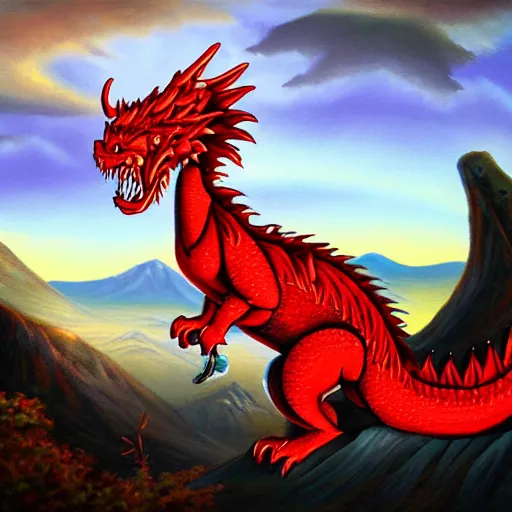 Prompt: a very detailed painting of a crimson dragon spitting out hot blue flames out of it's mouth while on top a mountain under the beautiful setting sun