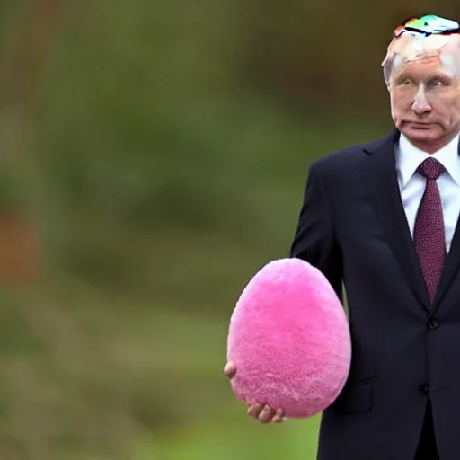 Image similar to vladimir putin dressed in a pink avocado costume