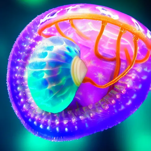 Image similar to realistic hd professional photo of colorful jellyfish creature in underwater mystical world 4 k