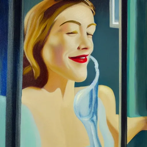 Image similar to realistic oil painting of young woman in a bathtub full of milk, smiling with her eyes closed as she washes herself, city lights from art deco window