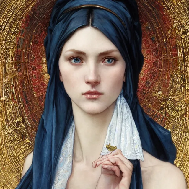 Image similar to Portrait of female cleric with kerchief covering her ears. Blue eyes, black hair, porcelain skin, full lips, high slanted cheekbones. Fantasy art by artgerm and greg rutkowski and alphonse mucha, intricate, elegant, highly detailed, dramatic lighting, digital painting, concept art, illustration, award winning on artstation, D&D, AD&D.