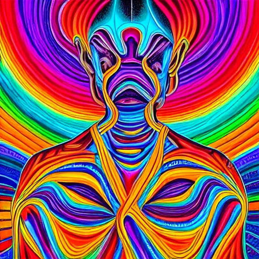 Image similar to painting of a human connecting with the universe in the style of Alex Grey. Colorful, detailed, sharp