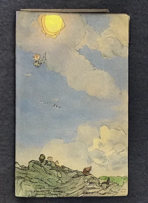 Image similar to sky transitioning from day to night, one half is sunny, other half is starry and dark, illustrated by peggy fortnum and beatrix potter and sir john tenniel