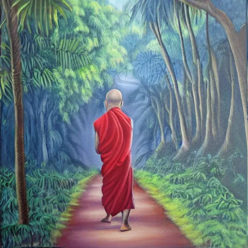 Prompt: painting by richa kashelkar of a young buddhist monk walking down a narrow road in jungle early morning