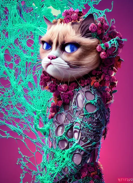 Image similar to hyper detailed 3d render like a sculpture - profile subsurface scattering (a beautiful fae princess grumpy cat protective playful expressive from that looks like a borg queen grumpy cat wearing a sundress made of flowers) seen red carpet photoshoot in UVIVF posing in caustic light pattern pool of water to Eat bite of the Strangling network of yellowcake aerochrome and milky Fruit and His delicate Hands hold of gossamer polyp blossoms bring iridescent fungal flowers whose spores black the foolish stars by Jacek Yerka, Ilya Kuvshinov, Mariusz Lewandowski, Houdini algorithmic generative render, golen ratio, Abstract brush strokes, Masterpiece, Victor Nizovtsev and James Gilleard, Zdzislaw Beksinski, Tom Whalen, Mark Ryden, Wolfgang Lettl, hints of Yayoi Kasuma and Dr. Seuss, Grant Wood, octane render, 8k, maxwell render, siggraph