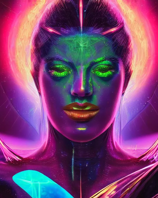 Image similar to a powerful energy psychedelic matrix woman, by alexander fedosav, hyper detailed digital matte painting, concept art, hyperrealism, 1 6 k resolution, cinema 4 d, 8 k resolution, trending on artstation, behance hd, a masterpiece, by stephan martiniere, particles, cel - shaded, power bright neon energy, by david a. hardy,