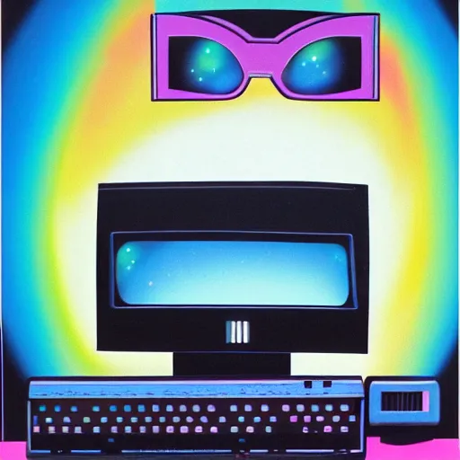 Image similar to 8 0 s airbrushed portrait of a desktop computer above a chrome moon, 8 0 s art, vintage, airbrush, bright colors, grainy, retro, behance, magazine