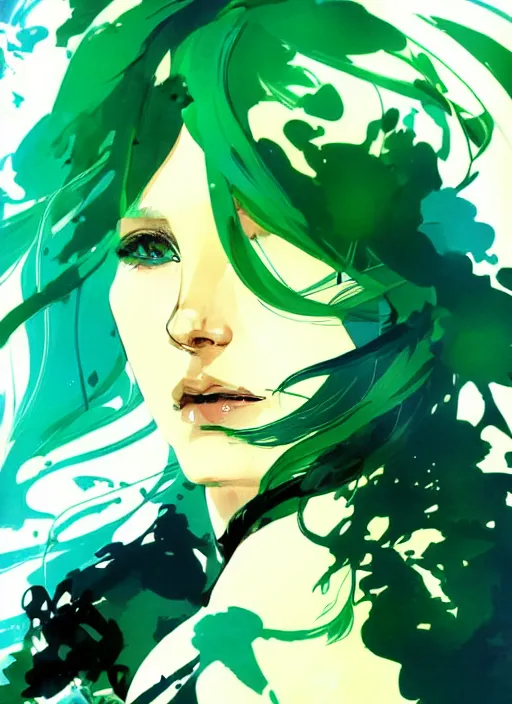 Image similar to style of yoji shinkawa, joshua middleton, beautiful kristen bell with green dress, very long blue hair, water powers water swirling, symmetrical face, symmetrical eyes, detailed, beach setting, cinematic lighting