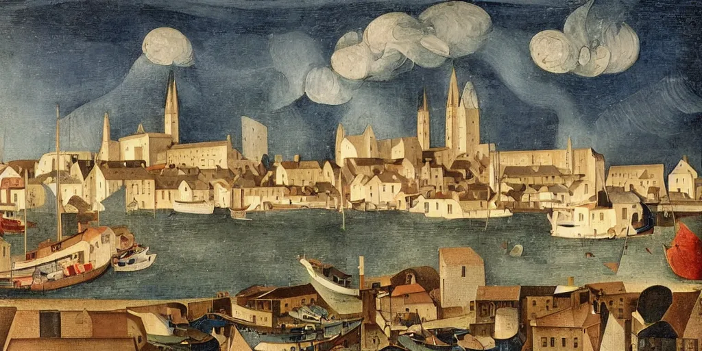 Prompt: a painting of the harbour at Kirkwall, orkney islands, small houses, boats, a cathedral, crowds gather, sea, stormy clouds, by Fra Angelico