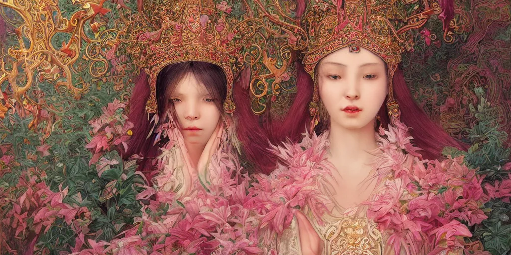 Image similar to breathtaking detailed concept art painting of the goddess of flamingo, orthodox saint, with anxious, piercing eyes, ornate background, amalgamation of leaves and flowers, by Hsiao-Ron Cheng, extremely moody lighting, 8K