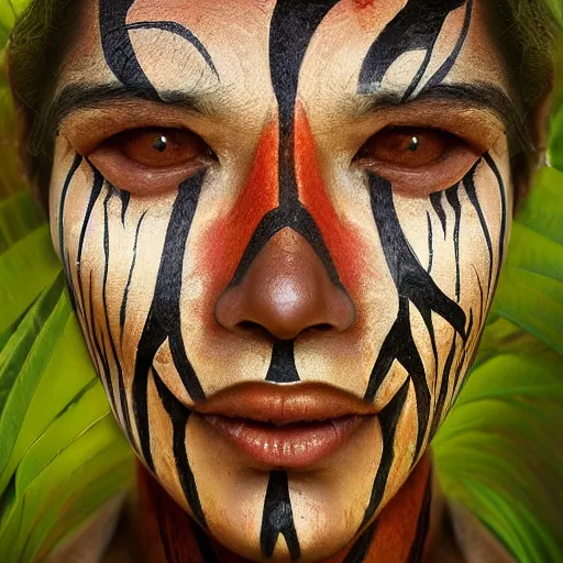 Image similar to beautiful matte painting of a portrait of a plant teacher spirit uchu sanango in the jungle, tribal face paintings, ayahuasca, matte painting, realistic