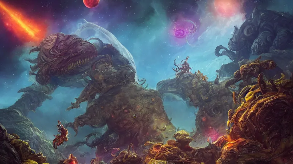 Prompt: Astronauts have a treasure with them, they are riding some wild creatures to escape from the giant Cthulhu that is behind hunting him, they are running over the ring of the gas planet, this is an extravagant planet with wacky wildlife and some mythical animals, the background is full of nebulas and planets, the ambient is vivid and colorful with a terrifying atmosphere, by Jordan Grimmer digital art, trending on Artstation,