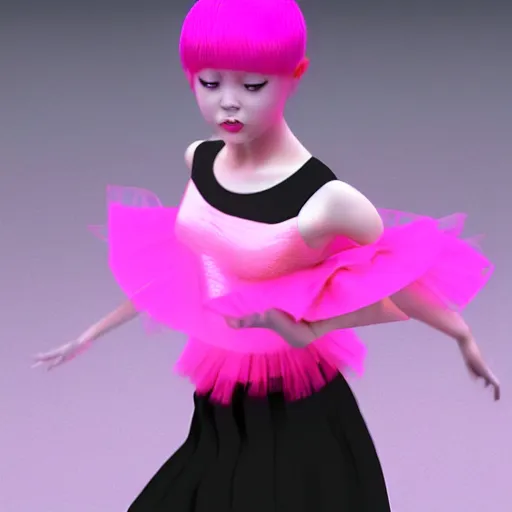 Image similar to 3 d jimin as a ballerina dancer wearing a pink skirt in a black themed stage, highly detailed, octane render