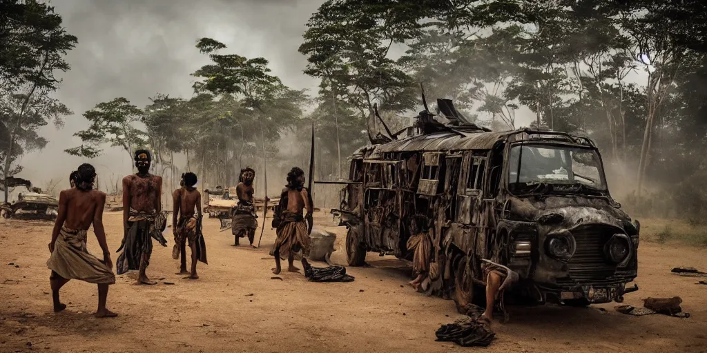 Image similar to sri lankan mad max style, jungle, film still, epic shot cinematography, rule of thirds