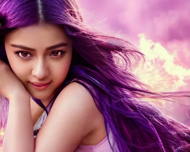 Prompt: cute Liza Soberano in epic battle pose, cinematic, 4k, hyper realistic, super detailed, colorful accents, purple hair, golden ratio, symmetrical face, highly detailed professional photo