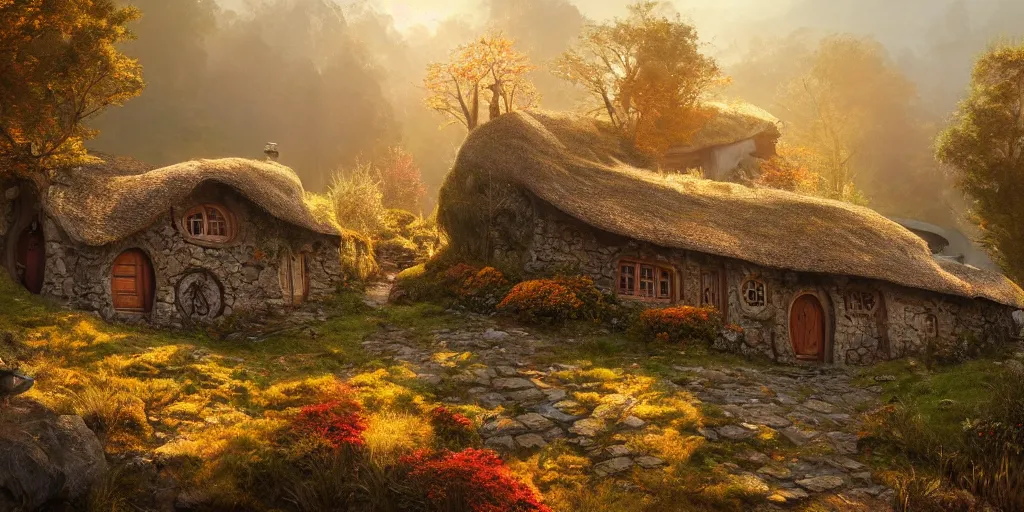 Image similar to a hobbit cottage on top of a steep hill, greg rutkowski, zabrocki, moebius, karlkka, jayison devadas, highly detailed, autumn sunlights, smoky atmosphere, ( ray of sunlight ), trending on artstation, 8 k, ultra wide angle, zenith view, pincushion lens effect