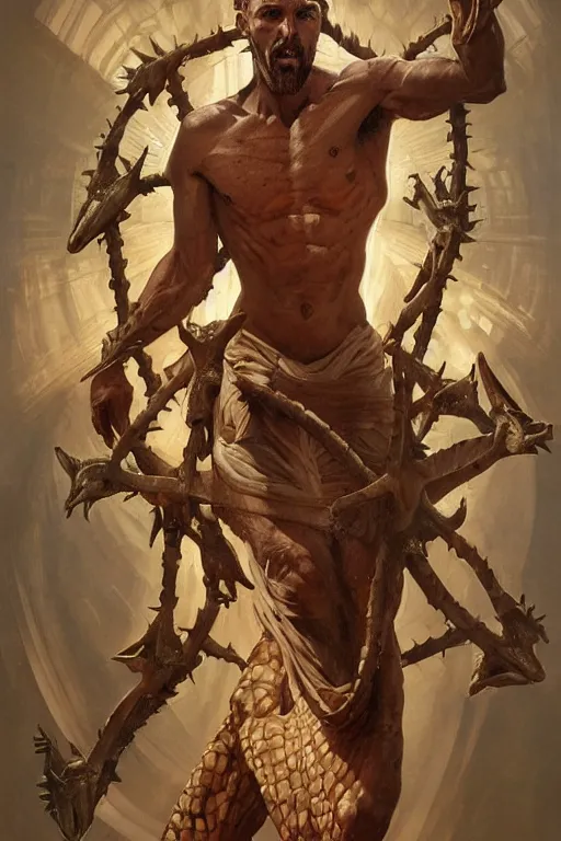 Image similar to fullbody!! dynamic action pose, jesus christ portrayed as a lizard reptile man, holy cross, crown of thorns, christianity, religious, intricate, elegant, highly detailed, digital painting, artstation, concept art, smooth, sharp focus, illustration, art by artgerm and greg rutkowski and alphonse mucha