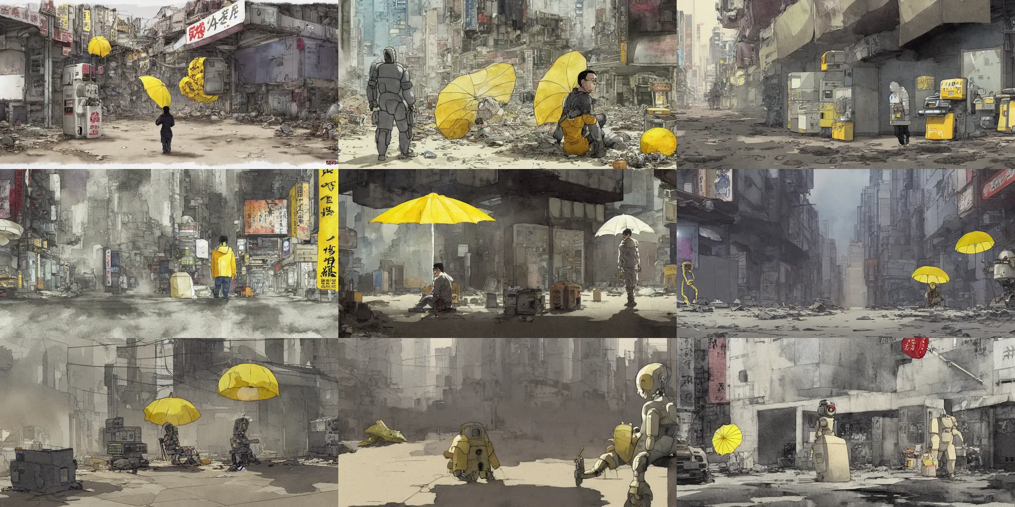 Prompt: incredible wide screenshot, simple watercolor, paper texture, katsuhiro otomo ghost in the shell movie scene, distant shot of grey astronaut exploring side view sitting under a yellow parasol in deserted dusty shinjuku junk town, broken vending machines, old pawn shop, bright sun bleached ground, mud, fog, dust, windy, scary chameleon face muscle robot monster lurks in the background, ghost mask, teeth, animatronic, black smoke, pale beige sky, junk tv, texture, strange, impossible, fur, spines, mouth, pipe brain, shell, brown mud, dust, bored expression, overhead wires, telephone pole, dusty, dry, pencil marks, genius party,shinjuku, koju morimoto, katsuya terada, masamune shirow, tatsuyuki tanaka hd, 4k, remaster, dynamic camera angle, deep 3 point perspective, fish eye, dynamic scene