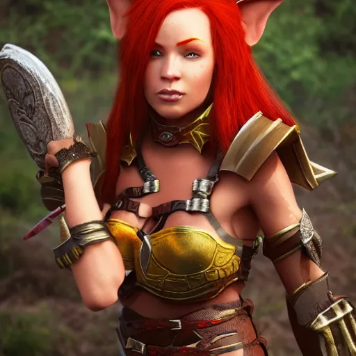 Prompt: beautiful redhead elf with warrior outfit, clash royal style characters, unreal engine 5, octane render, detailed, cinematografic, cinema 4 d