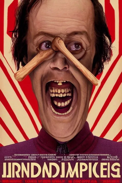 Image similar to a movie poster for the film the shining in the style of the grand budapest hotel featuring one grinning jack nicholson and an axe.