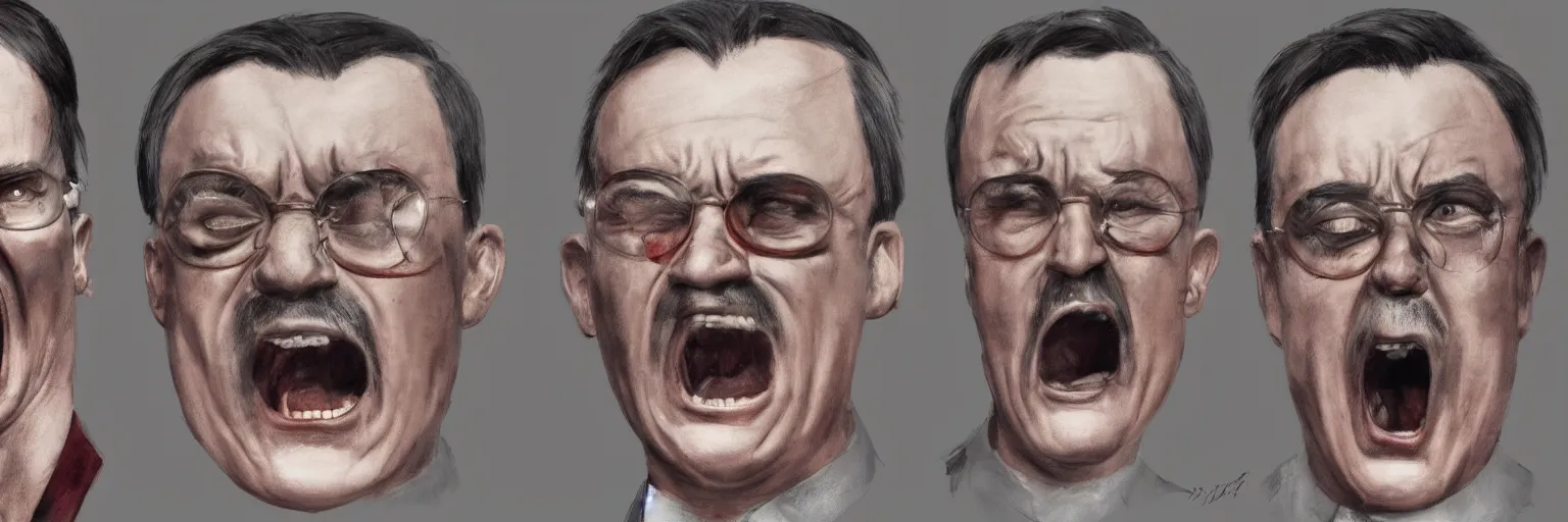 Prompt: colored character face study of screaming mike patton and adolf hitler, clear, evil, glasses, angry, character sheet, fine details, concept design, contrast, kim jung gi, da vinci and francis bacon, trending on artstation, 8 k, 3 6 0 head, turnaround, front view, back view, ultra wide angle