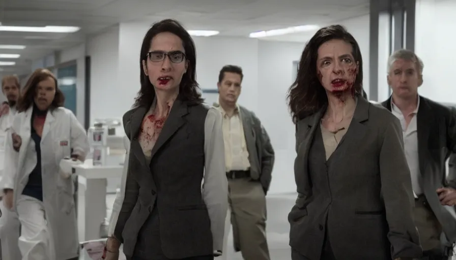 Prompt: big budget action movie about female scientist confronts male ceo about zombie program