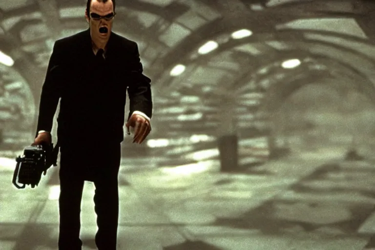 Image similar to Jack Nicholson as Agent Smith on the matrix, 1999, cinematic composition, cinemascope,