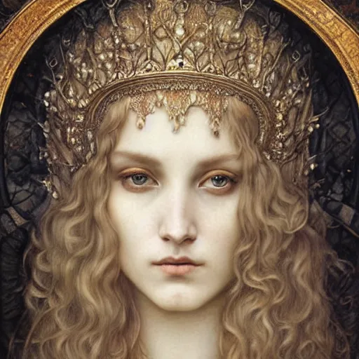 Image similar to detailed realistic beautiful young medieval queen face portrait by jean delville, tom bagshaw, brooke shaden, gustave dore and marco mazzoni, art nouveau, symbolist, visionary, gothic, pre - raphaelite, ornate gilded medieval icon, surreality