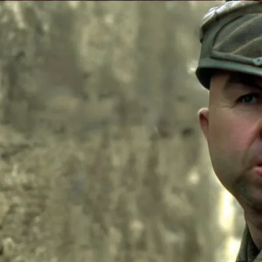 Prompt: Karl Pilkington in Saving Private Ryan, cinematic shot