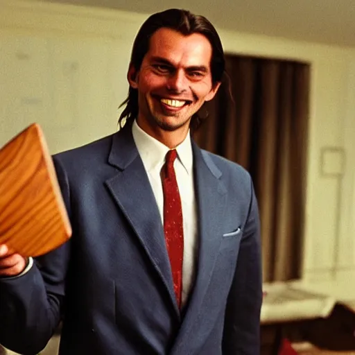 Image similar to Thierry Baudet grinning and holding a hatchet in the movie American Psycho