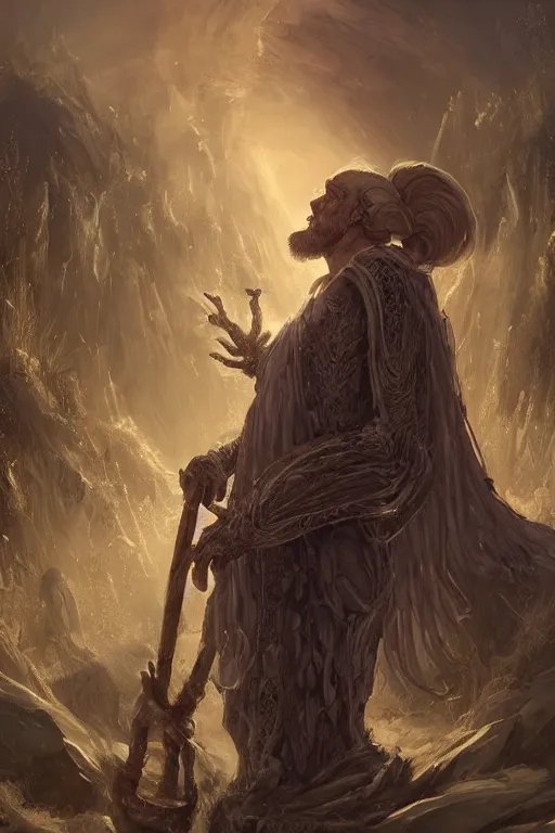 Image similar to profile view, a necromancer with a staff casts a spell that reveals the secret of life the universe and everything, dirty linen robes, staff of bones, grizzled bearded withered man by jessica rossier and hr giger