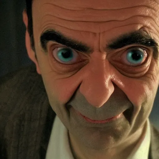 Image similar to Mr.Bean in an dark psychological thriller in the style of the movie the shining, muted colors