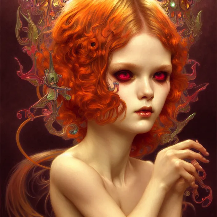 Image similar to psychedelic cute little demon, diffuse lighting, fantasy, intricate, elegant, highly detailed, lifelike, photorealistic, digital painting, artstation, illustration, concept art, smooth, sharp focus, art by John Collier and Albert Aublet and Krenz Cushart and Artem Demura and Alphonse Mucha