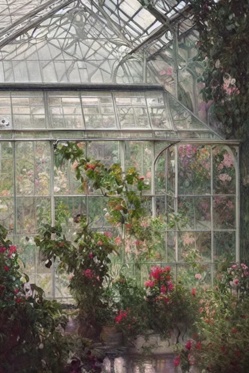 Prompt: a beautiful painting of a greenhouse, rainy, gloomy, dark, shimmering and prismatic, rococo, by krenz cushart and mucha and monet, trending on artstation.