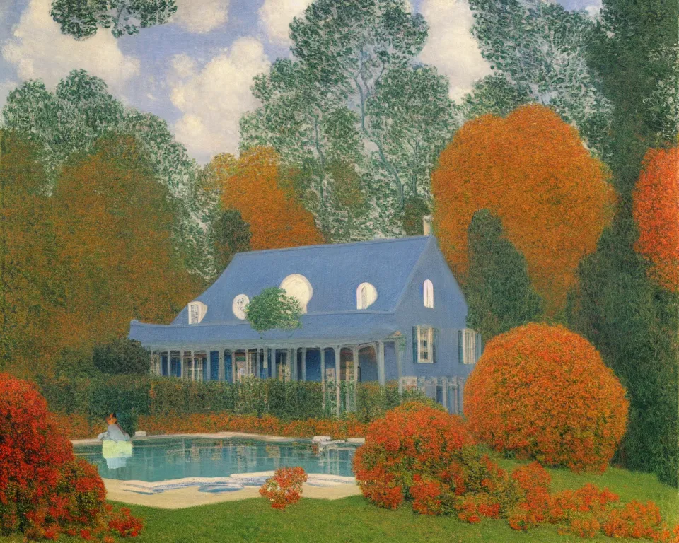 Prompt: achingly beautiful painting of a sophisticated, well - decorated pool house in autumn by rene magritte, monet, and turner.