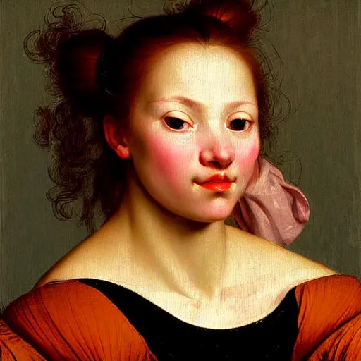 Prompt: Facial portrait of a cute shy woman, looking away from the camera, seductive smile, sparkle in eyes, lips slightly parted, long flowing hair, no hands visible, intricate, extremely detailed painting by Jan Steen and by Greg Rutkowski and by Moebius, golden hour