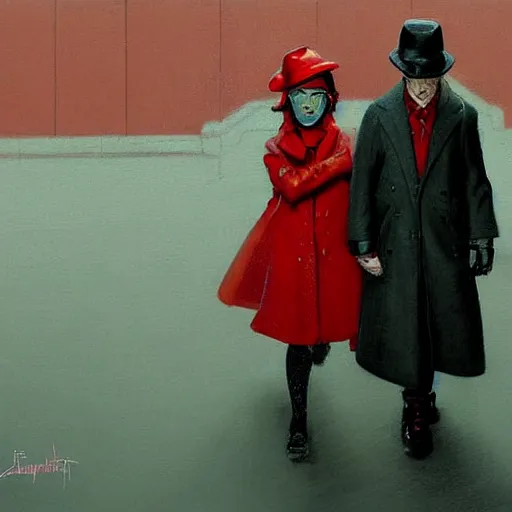 Image similar to a highly detailed epic cinematic concept art, cyberpunk, a thin man in a black coat and bowler hat talks with small young girl who is dressed in a red coat and a red hat, park, autumn, in the style of Francis Bacon and Syd Mead and Norman Rockwell and Beksinski, painted by Francis Bacon and Edward Hopper, painted by James Gilleard, surrealism, airbrush, Ilya Kuvshinov, WLOP, Stanley Artgerm, very coherent, triadic color scheme, art by Takato Yamamoto and James Jean, high detail, width 768