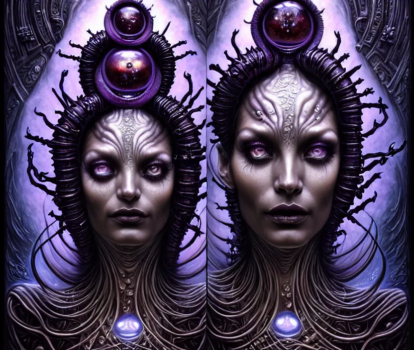 Image similar to A beautiful detailed alien goddess woman with 6 arms super dark tarot card, gorgeous model face by Stanley Artgerm, by tomasz alen kopera and Justin Gerard, 4 eyes, beautiful symmetrical features, ominous, magical realism, melting, texture, intricate, ornate, royally decorated, melting, whirling smoke, embers, purple adornments, blue torn fabric, radiant colors, fantasy, trending on artstation, volumetric lighting, micro details, 3d sculpture, ray tracing, 8k, anaglyph effect