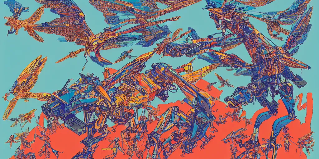 Image similar to gigantic mecha arzach birds with dragonflies, tiny rats, a lot of exotic animals around, big human faces everywhere, helicopters and tremendous birds, risograph drawing by satoshi kon and moebius, matte summer blue colors, surreal psychedelic design, 4 k