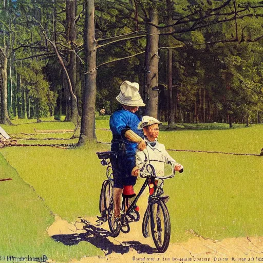 Image similar to A painting in the style of Norman Rockwell of a boy trying to learn to ride a bike. His father is holding the bike to help. The road is lined with tall trees, A farm can be seen in the background. A dog is close by