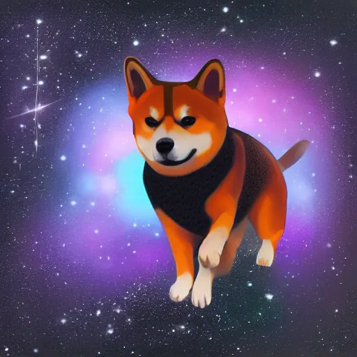 Prompt: a shiba inu at the center of a galaxy, digital art