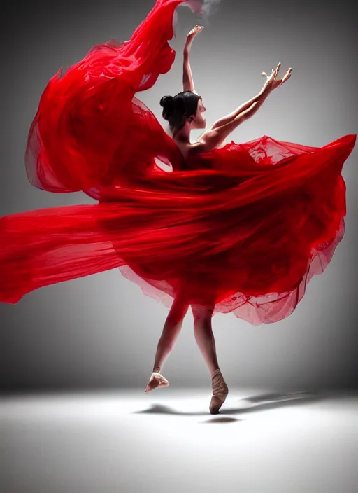 Prompt: a Photorealistic dramatic hyperrealistic render of a glamorous beautiful Female smoke dancer wearing red by Ken Brower and Deborah Ory of NYC Dance project,Lois Greenfield,Flowing cloth and smoke,Beautiful dynamic dramatic dark moody lighting,volumetric,shadows,cinematic atmosphere,Octane render,8K