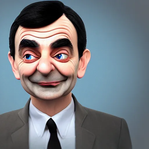 Image similar to Mr Bean in a 3D Animated Mr Bean film animated by Illumination, portrait, photograph, realistic, hyperrealistic, highly detailed, very detailed, extremely detailed, detailed, digital art, trending on artstation