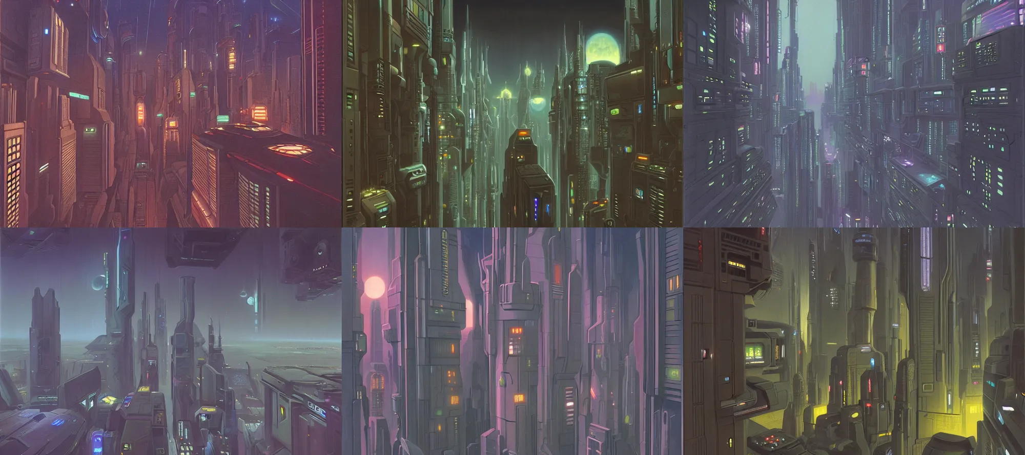 Prompt: night on nar shaddaa, cyberpunk, overhead view, distance shot, painting by ralph mcquarrie