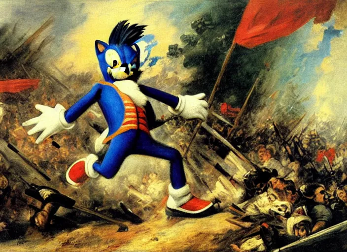 Image similar to romanticism painting of sonic the hedgehog during the french revolution, by eugene delacroix