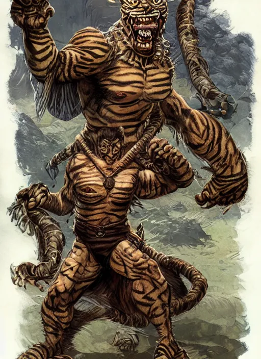 Prompt: tigerman, digital illustration for pathfinder, full body, by Wayne Reynolds, tony diterlizzi, frazetta, tim seeley, 2005, HQ scan, intricate details, MOTU, Monster Manula, Fiend Folio, D&D monster, fantasy art, artstation trending