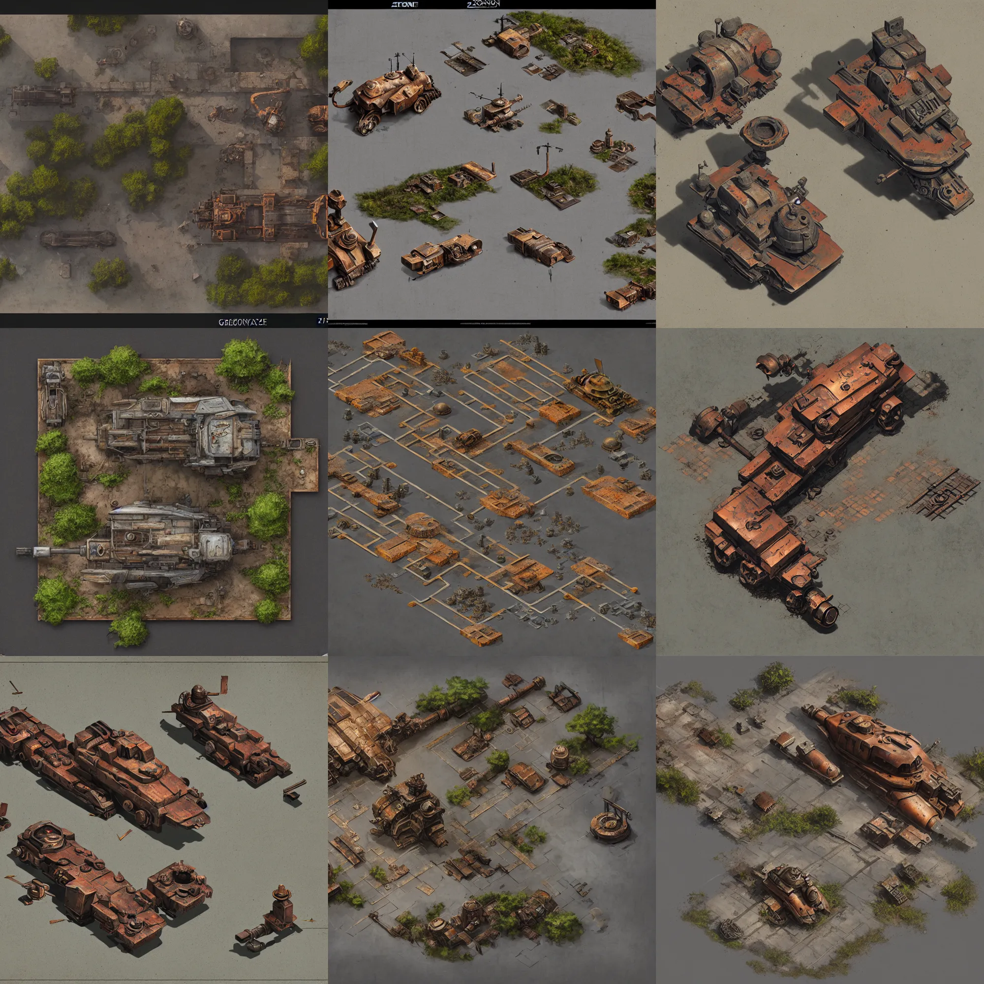 Prompt: 2 d axonometric overhead view, bird's eye view, digital painted rusted dieselpunk tank virtual tabletop asset sheet, floor plan view, roll 2 0, 2 - minute tabletop, battle map prop, black background, unity asset store, by greg rutkowski, trending on artstation