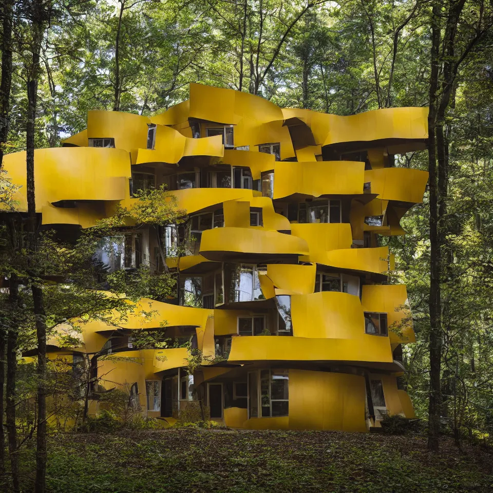 Image similar to architecture ad for a flat mid-century modern house in the forest, designed by Frank Gehry. Film grain, cinematic, yellow hue