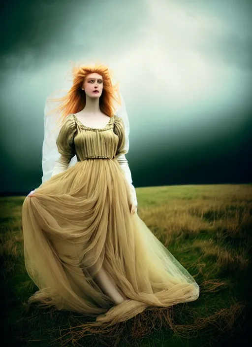 Prompt: kodak portra 1 0 0 photo medium portrait of a pre - raphaelite blond beautiful woman, dress in dark tulle, dreamy mood, fine art photography in style of nicholas fols, 1 5 0 mm, emotionally evoking, head in focus, stormy clouds outdoor, matt mute colour background, volumetric lighting, hyper realistic, ultra detailed